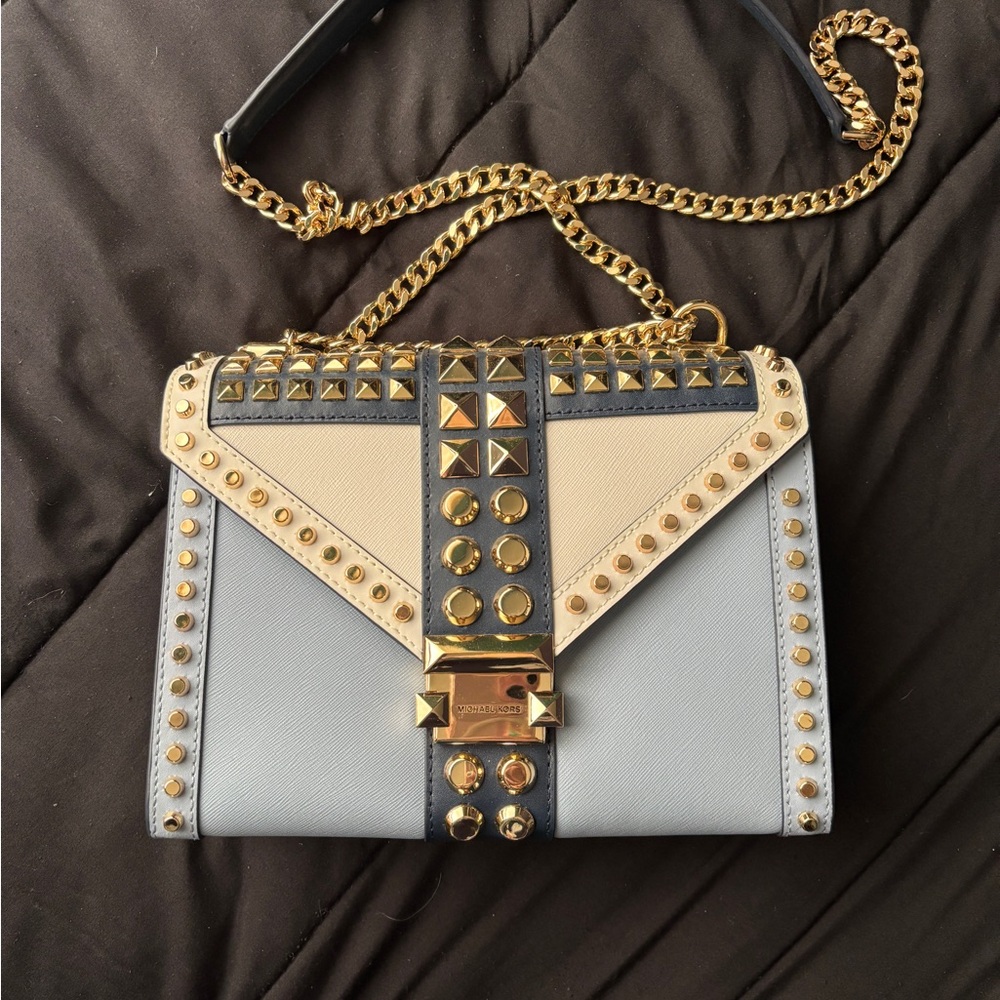 Michael Kors Studded Leather Shoulder Bag - Blue and Cream